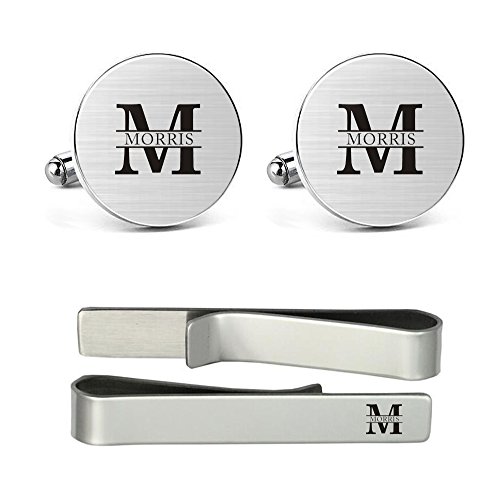 MUEEU Monogram Cufflinks Engraved Cuff Links Tie Clip Personalised Capital Alphabet Name Big Initials Silver Handmade Custom Groom Wedding Cuff Links (Custom Name)