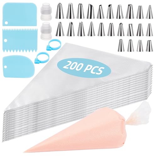 200 Pcs 12 Inch Piping Bags & 24 Tips Set, Cake Decorating Kit with Frosting Tips | Anti-Burst Pastry Bag, Scrapers & Couplers for Baking, Cupcakes, Cookies