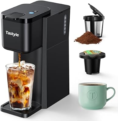 Tastyle Mini Hot and Iced Coffee Maker Single Serve, for K Cup and Ground, 6 to 14 Oz Brew Sizes, with Recipe Book, for Home, Travel, RV, Office and Dorm,Classic Black (2.0 Version)