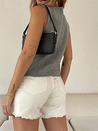 Crochet Knit Vest Top For Women Hollow Out Button Down V Neck Crochet Crop Top Sleeveless Sweater Vintage Streetwear (Grey, S) #TOP4