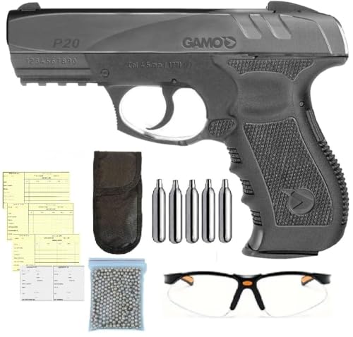 Pack Pistola perdigon Gamo GP-20 Combat. GP20. Calibre 4,5mm 3,5 Julio + Gafas Protectoras + Tarjeta de Armas + Funda + balines + Bombonas CO2