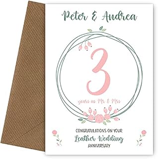 PERSONALISED Milestone Anniversary Card (3rd / third anniversary). Unique greetings card for a Husband, Wife, married couple or Mr & Mrs. On their leather Wedding Anniversary - Floral