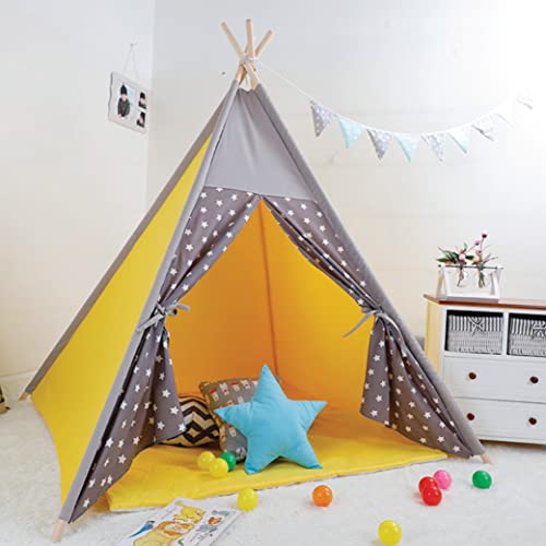 POLKA TOTS Kid’s Portable Teepee Tents with Cushion, Led Light and Non-Slip Padded Mat, Play Tent, Indoor & Outdoor Playhouse Tents for Children (Yellow Star)