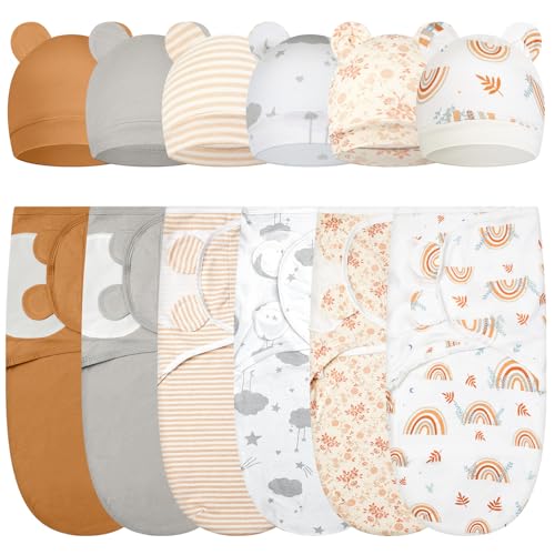Image of Ramede 6 Pack Swaddle Blanket with Hats for Baby Girl Boy 100% Cotton Swaddles 0-3 Months, Adjustable Breathable Skin Friendly Receiving Blanket Wrap, Essential for Newborns