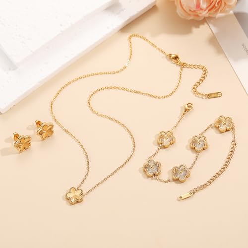 Four Leaf Clover Bracelet Set for Women - 18K Gold Plated Flower Lucky 4 Leaf Necklace Bracelet Earrings Jewelry Sets Gift for Women4