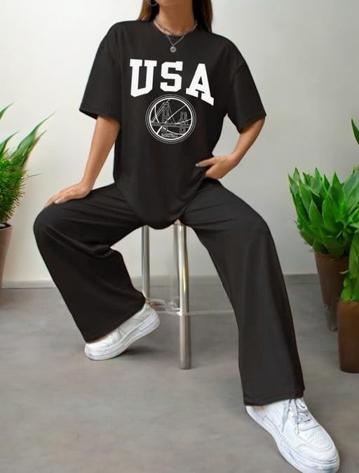 Image of My Swag USA Graphic Print Cotton Loungewear Set, T-Shirt and Pants, Casual Comfort Wear