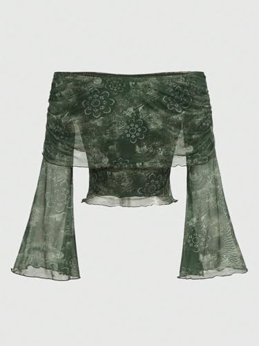 Verdusa Women's 70s Off The Shoulder Renaissance Tops Bell Flared Sleeve Floral Fairycore Mesh Crop Tops2