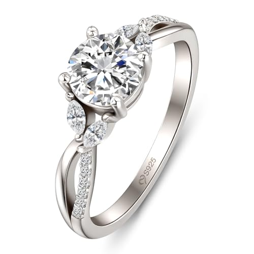 Jeulia Damen 1ct Moissanit Ringe Retro Twist Solitärring mit Marquise Stein Ehering Klassisch Rundschliff Verlobungsring GRA Zertifiziert Farbe D VVS1 Ehering Sterlingsilber Promise Ring