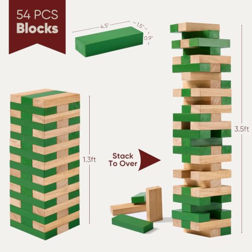 Image of Classic Stacking Tower Game 1.3 ft, Premium Wooden Block Lawn Game for Adults & Family, Indoor & Outdoor Party Yard Game, Decorative Display - Natural Green