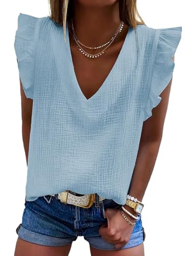 Dokotoo Womens Summer Tanks Tops Dressy Casual Sleeveless Cute V Neck Shirts Casual Ruffled Tunic Loose Fit Blouses Tank Top for Women Fashion 2026 Sky Blue X-Large