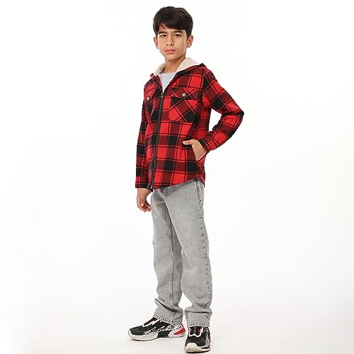 Image of ThCreasa Boys Plaid Flannel Jackets Sherpa Lined Zip Up Long Sleeve Warm Flannel Shirt with Hood
