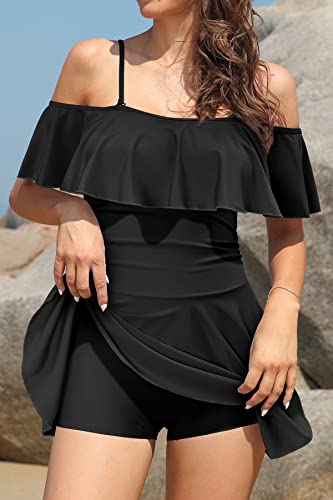 SHEKINI Women's Off-Shoulder Ruffled Flounce Swim Skirt Ruched One Piece Swimdress4