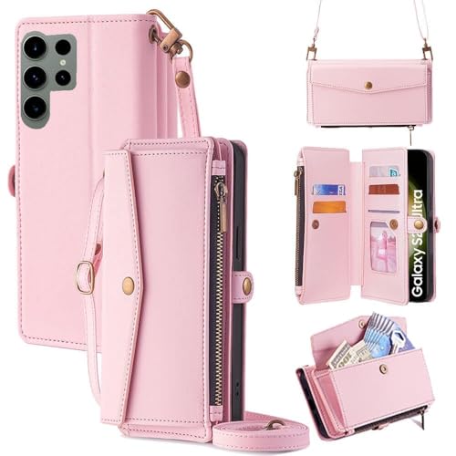 Sac à main bandoulière pour Galaxy S23 Ultra, étui rose porte-cartes RFID