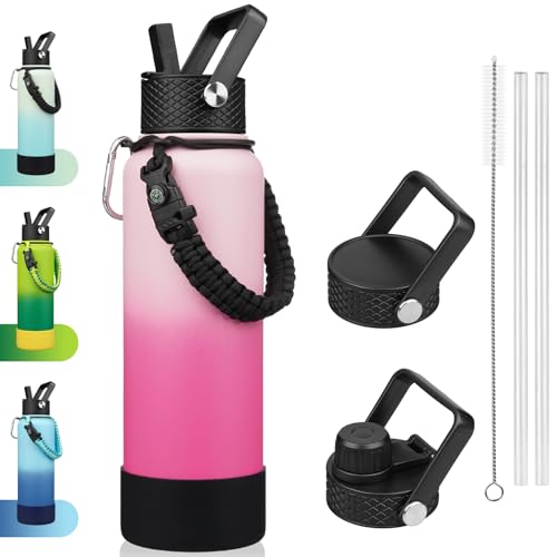 Image of BJPKPK 40oz Insulated Water Bottle with 3 Lids, Straw Lid & Handle