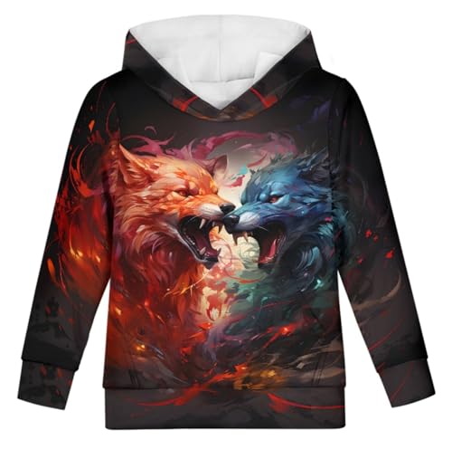 Boys Girls Cool Wolf 3D Print Long Sleeve Pullover Hoodies Hooded Sweatshirts Tops Blouse