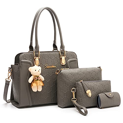 Image of Women's Fashion Handbag Tote Bag Shoulder Top Handle Satchel Purse Set 4pcs | Stylish Style,Chain Texture Design,Ample Space,Bear Doll Decoration,with a Crossbody Strap