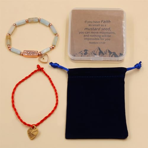 Image of Elastic Faith Bracelet for Women, Adjustable 7 inch Natural Stone Bracelet with Heart Mustard Seed Charm, Spiritual Christian Jewelry for Baptism, Graduation, Religious Celebration YA4856