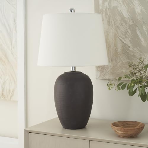 Image of Nourison Home 23 inch Dark Purple Distressed Ceramic Pot Table Lamp for Bedroom, Living Room, Dining, Office, with White Shade