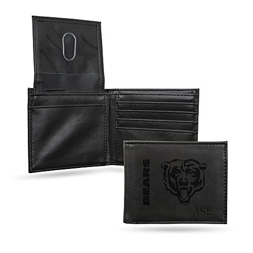 Rico Industries NFL Chicago Bears Black Personalized/Custom Laser Engraved Billfold Wallet - Slim/Light Weight - Great Gift