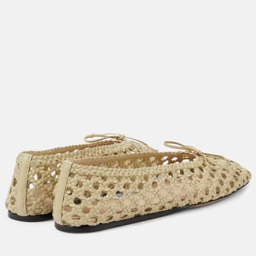 Women's Ballet Flats Crocheted Raffia Mesh Ballerina Shoes Bow Fishnet Mary Jane Dress Shoes Comfortable Round Toe Slip on Flats Causal Daily Work Shoes3