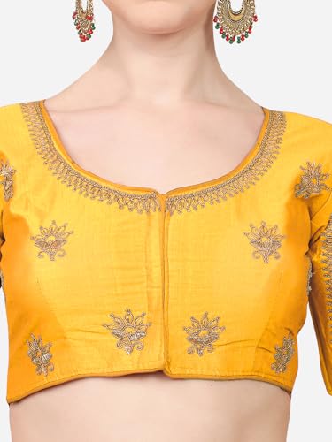 Pujia Mills Women Multicolor Embroidery Mesh Back Khatli Sequence Work Sleeves Ghost Design Silk Blouse Ready for Sari and Lehenga Choli, yellow, 38 - Thumbnail 4