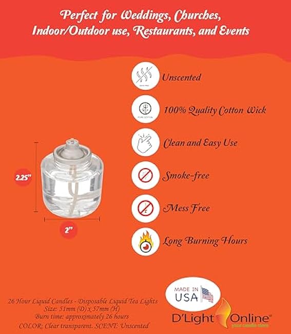 D'light Online HD26 Disposable 26 Hours Liquid Candles, Clear Plastic Disposable Fuel Cells for Wedding Table Top Lights, Restaurant Tables and Emergency Candles- (26 Hours, Set of 60)