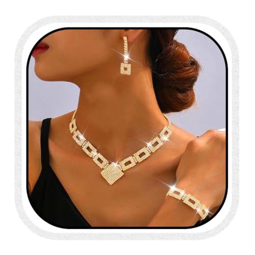 Fashband Kristall-Braut-Hochzeitsschmuck-Set, silberne Strasssteine, Halskette und Ohrringe, formeller Modeschmuck für Frauen und Bräute (G-3, Einheitsgröße)