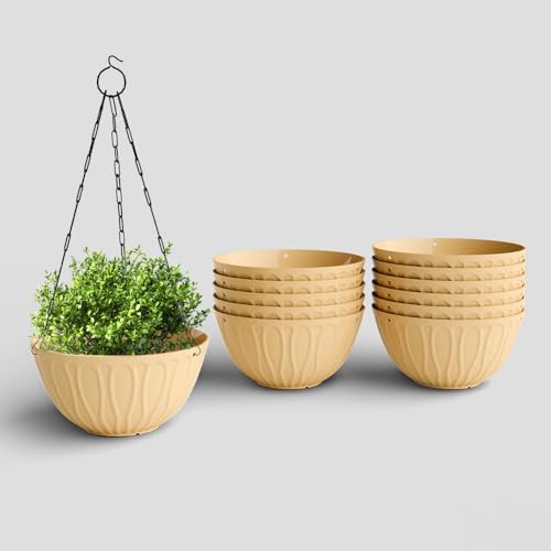 Image of YUCCABE ITALIA SHERA Hanging Wave 8 INCH, Plastic Flower Pot with Drainage Holes Round Planter Pot Suitable for Inddor Outdoor Kitchen (Beige, Pack of 12)