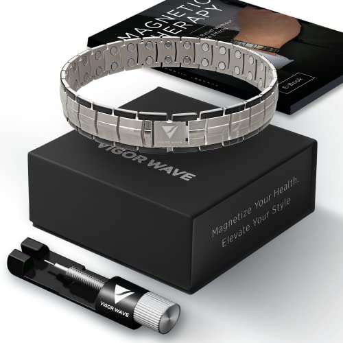 Vigor Wave® Magnetic Therapy TITANIUM Bracelet for Men — Unique 2X Strength Magnetic Bracelet for Relieving Pain, Improving Circulation, and Increasing Performance + Premium Sizing Tool & Gift Box