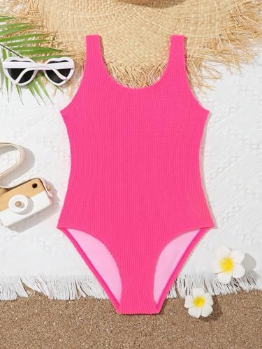 Image of MakeMeChic Girl's One Piece Bathing Suits Solid Scoop Neck Smocked Swimsuits Swimwear Hot Pink 9Y