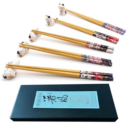 Set di 5 paia di bacchette e bacchette per bacchette e bacchette, portabacchette per gatti fortunati, 5 gatti, bacchette riutilizzabili naturali in bambù, stile classico giapponese, lavastoviglie