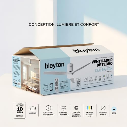 BLEYTON Ventilateur de plafond silencieux avec lumière LED, commande par télécommande et application Wifi, Alexa et Google 132 cm | Ventilateur NORDIC de couleur blanche avec moteur CC 35W | 6 – vue 8