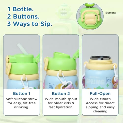 Image of Mee Mee Oasis Sip Kids Insulated Water Bottle 460ml | SUS316 Stainless Steel | 3-in-1 Straw, Spout & Sip Lid | Leakproof School Bottle for Kids | 12H Cold & 8H Hot | BPA-Free Sipper with Strap