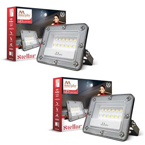 Image of Murphy Stellar 10W LED Flood Light with 2-Year Warranty | Cool White | High Brightness Outdoor LED for Security, Landscape, Warehouse, Backyard | IP66 Waterproof | BIS Approved Pack of 2
