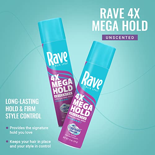 Image of rave 4X Mega Unscented Aerosol Hairspray - Hair Spray for High Humidity Weather - 24-Hour Lasting Hold - Vitamin-Enhanced Hair Volume Spray - 11 oz (Pack of 2)