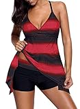 Dearlovers Women's Open Back Color Block Striped Tankini Set with Boyshort Swimsuit Swimwear