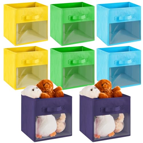 Image of Marsui 8 Pcs Cube Storage Bins with Clear Window 11'' Daycare Storage Cube Organizer Bins for Closet Kid Nursery Playroom with Handle Fabric Collapsible Storage Cubes(Dark Blue, Yellow, Green, Blue)