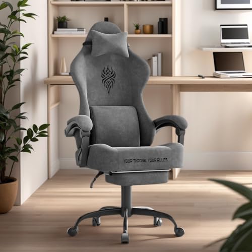 Image of Soontrans Dark Grey Velvet Fabric Gaming Chairs with Footrest, Ergonomic Comfortable Video Gamer Chair, Reclining Office Computer Desk Game Chairs with Massage Lumbar Cushion,Headrest for Adult