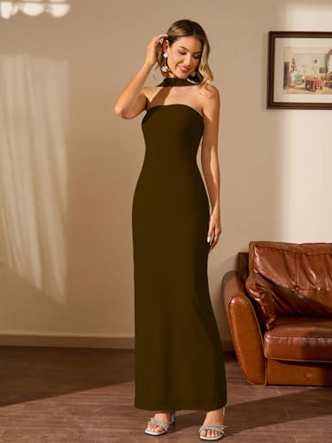 Image of HTZMO Women Elegant Summer Bodycon Maxi Dress Halter Neck Formal Wedding Guest Cocktail Party Long Dresses