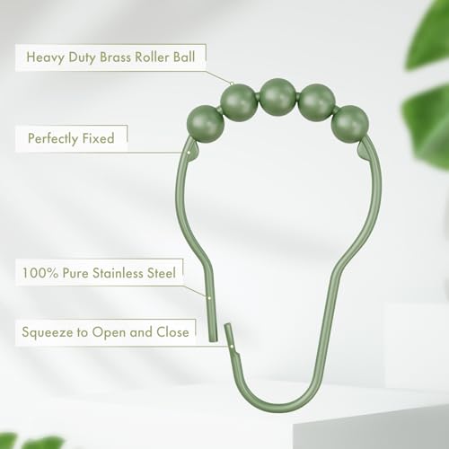 Image of Amazer Shower Curtain Hooks, Decorative Shower Curtain Hooks, Sage Green Rustproof Stainless Steel Shower Hooks for Shower Curtain Liner Shower Rod Hook 12pcs