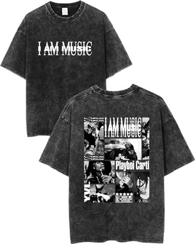 Playboi Rapper Carti Shirt I Am Music Album Vintage Oversized Tee Summer Sport Soft Short Sleeves Shirts for Mens Womens Fans (US, Alpha, Medium, Regular, Regular, Black)