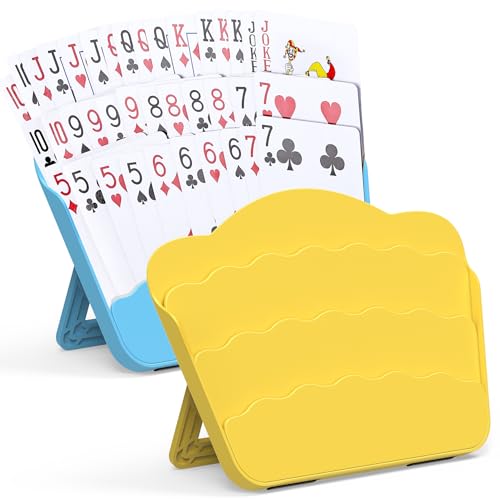 RESOVO Playing Cards Holders Stands Decks w/Foldable Tabletop Stand 3 Layers Design for Poker UNO Cards Playing Card Accessories Set of 2 (1 Blue + 1 Yellow)