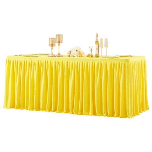 Wish Care Yellow Polyester Table Clothes for 8 Foot Rectangle Tables, Wrinkle Free Fitted Table Cover with Pleated Ruffle Table Skirt for Birthday Party Wedding Trade Show Event Display