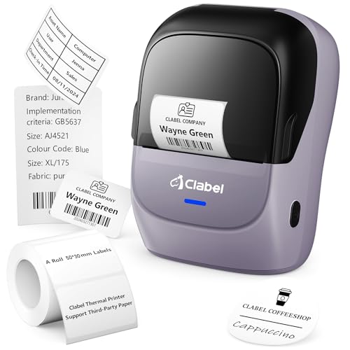 CLABEL Impresora Etiquetas Autoadhesivas, Mini Termica Etiquetadora Adhesivas Bluetooth Portátil Label Printer Compatible con iOS y Android para Oficina Tienda Hogar con Etiqueta 50×30mm(Violeta)