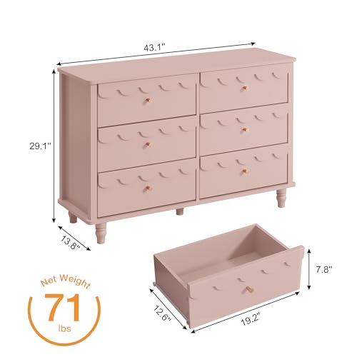 Image of Anbuy Pink Scalloped Nursery Chests and Nursery Chests and Dresser for Kids Bedroom Wood 6 Drawer Dresser, Dressers & Chests of Drawers with Metal Handles for Bedroom, Nursery, Hallway