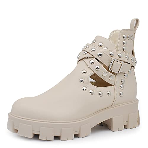 IF Fashion Scarpe da Donna Stivali Stivaletti Biker Fibbie Borchie Primaverili Traforati GR-6608 beige N.41