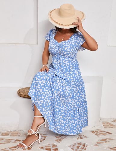 Image of KOJOOIN Women Plus Size Summer Dress Short Sleeve Casual Dress Floral Midi Dress Sweetheart Neck Ruffle Dress