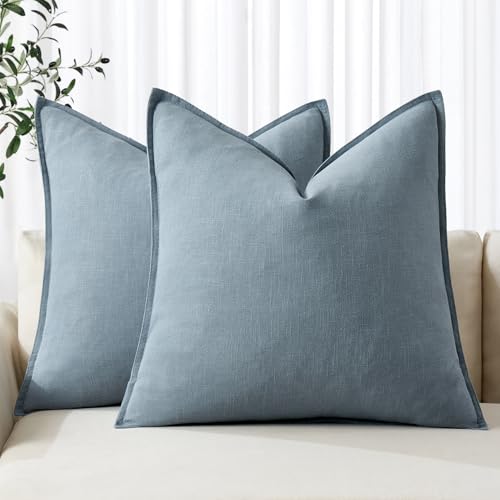 Image of MIULEE Decorative Linen Pillow Covers 18x18 Inch Blue Grey Boho Farmhouse Neutral Couch Throw Pillows for Bed Pack of 2 Accent Coastal Modern Pillowcase Summer Sofa Livingroom Home Decor