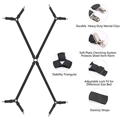 Rosejeopal Bed Sheet Suspenders Crisscross Adjustable Fitted Sheet Holder Straps With Heavy Duty Gripper Clips Fit For Twin/Twin Xl/Full/Full Xl/Queen/King/California King #TOP2