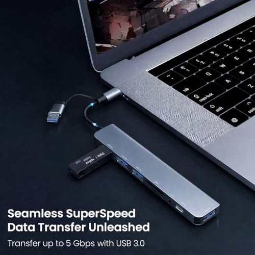 Image of Port 8 Plus 8-in-1 USB Hub, Dual Connector USB 3.0 and Type-C, SD /TF Card Reader, 3.5mm AUX Jack, for Laptops and Tablets